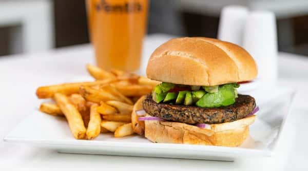 black bean burger with fries and beer