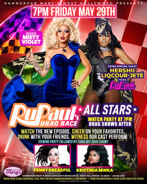 DRAG RACE WATCH PARTY FLYER featuring different drag queens. 