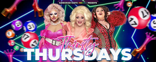 Three Drag Queens with event title along with bingo balls and diva pumps