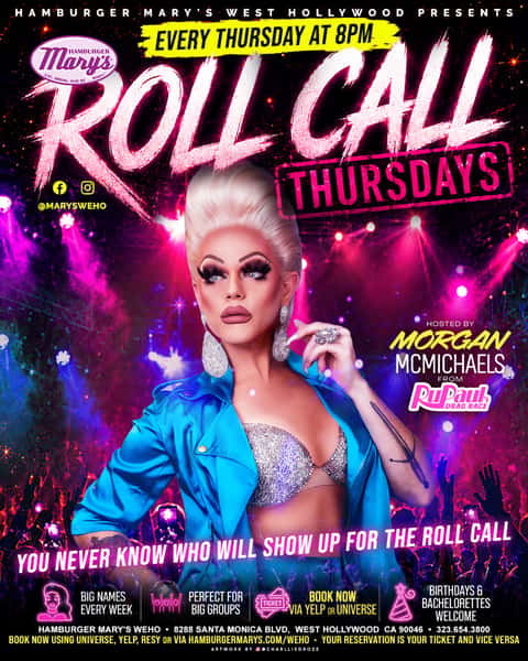 photo of drag queen standing in front of the words Roll Call Thursdays with a crowd of party-goers behind.