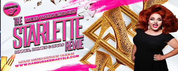 Pink paint smears along with gold heels and frames with a drag queen, event name and info