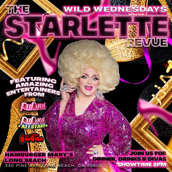 Various gold picture frames, and pink high heels in the background.  Drag queen in a pink dress and blonde hair in the center