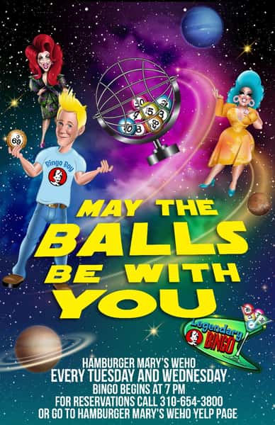 Drag Queen Bingo - Space Themed promotional flyer with three cartoon character in space
