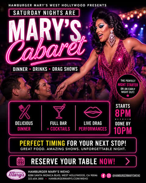 4 drag queens stand in front of a stage filled with smoke underneath a marquee that reads Mary's Cabaret.