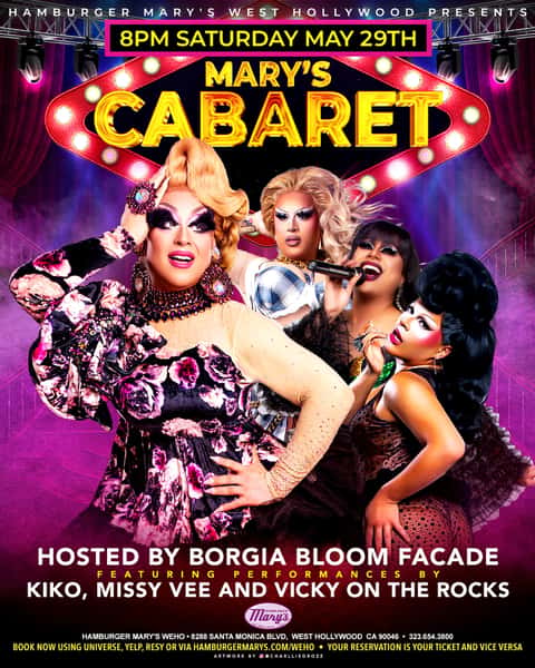 4 drag queens stand in front of a stage filled with smoke underneath a marquee that reads Mary's Cabaret.