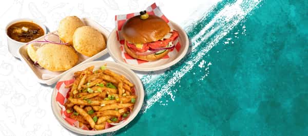 Indian street food combo featuring pani puri, masala fries, and a spiced sandwich, styled on a clean background with a bold teal accent for a modern fusion presentation.