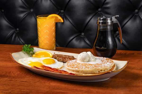 bacon and eggs with sausage and pancakes