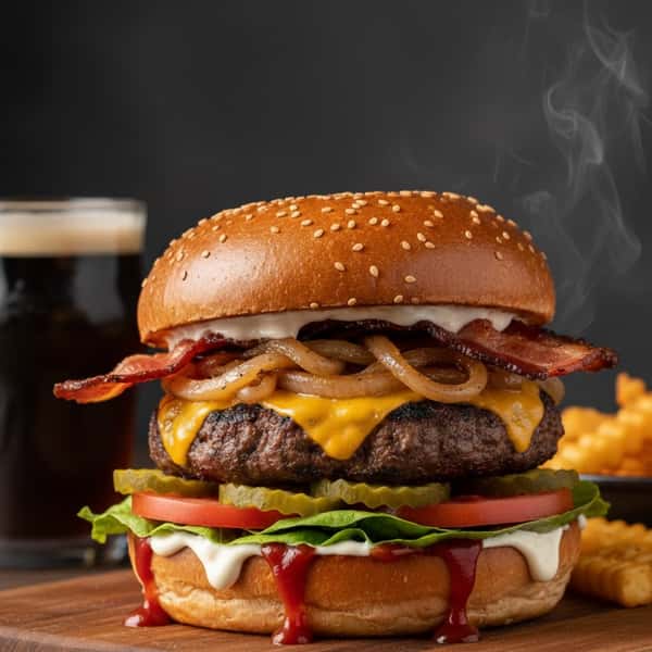 A close-up of a juicy cheeseburger with crispy bacon, grilled onions, lettuce, tomato, pickles, and condiments on a sesame seed bun, accompanied by fries and a glass of dark soda.