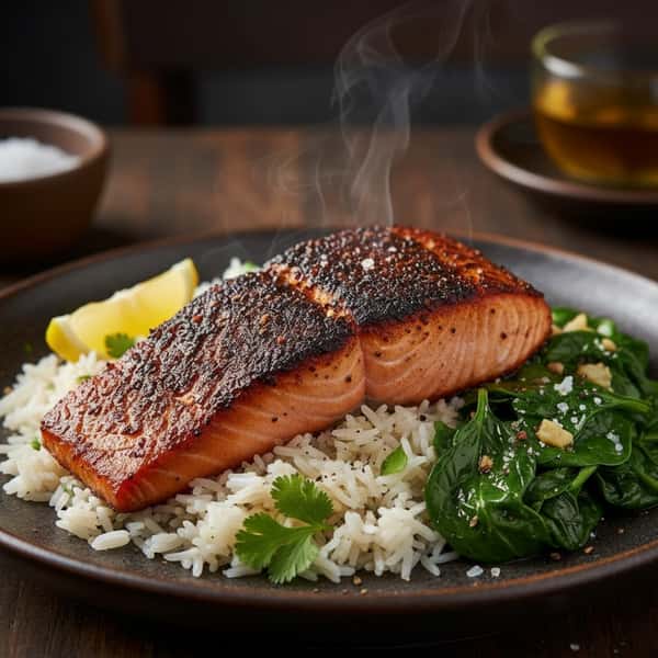 A delicious plate of grilled salmon atop white rice, served with a side of sautéed spinach and garnished with lemon, herbs, and salt.