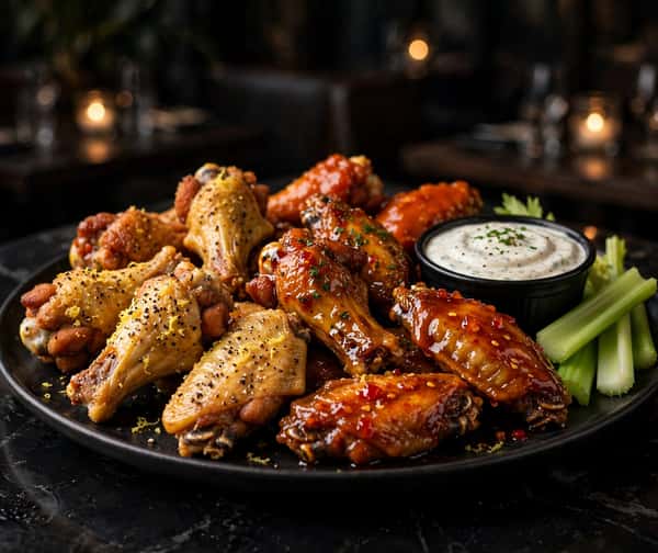 Aspire wings with ranch dip and celery sticks