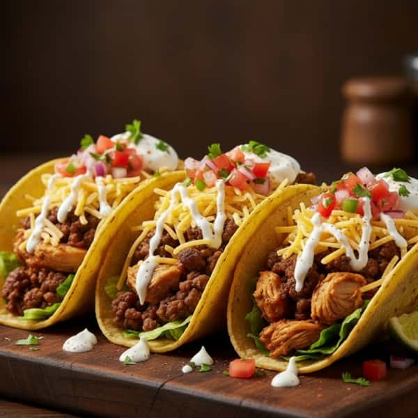 Three delicious tacos filled with seasoned ground beef, grilled chicken, shredded cheese, sour cream, and fresh pico de gallo, served on a wooden platter.