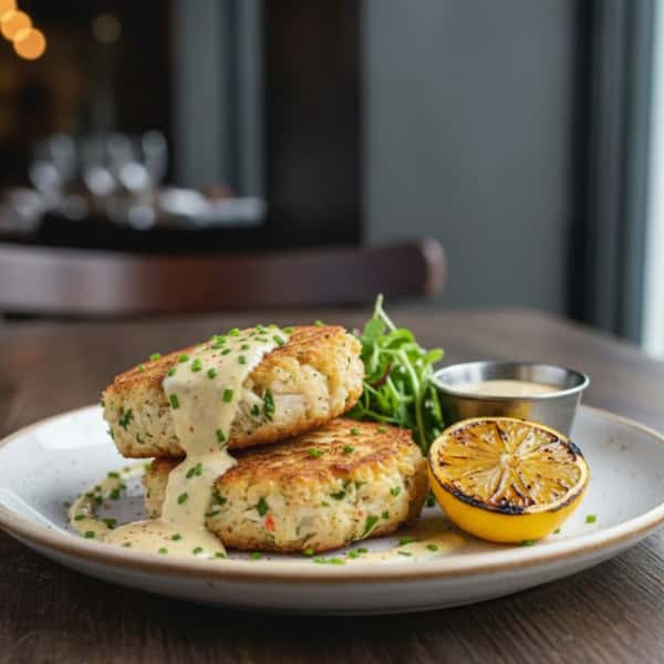 A plate with two golden brown crab cakes topped with creamy sauce, garnished with fresh chives, a grilled lemon half, and a side of dipping sauce.
