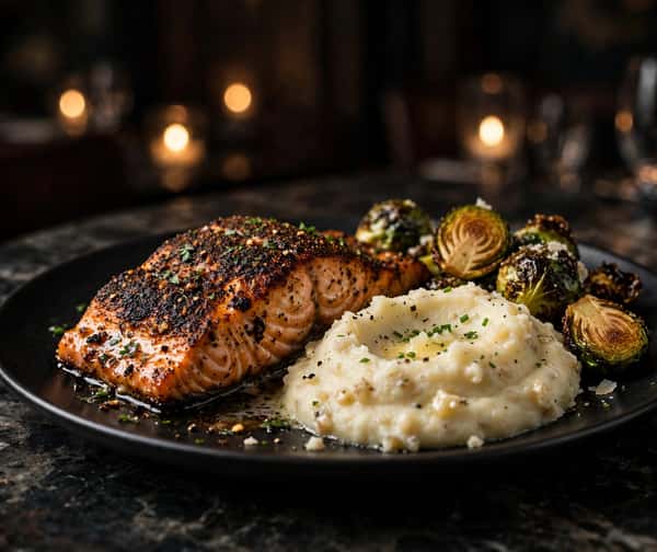 Blackened salmon with garlic mashed potatoes and crispy brussels sprouts