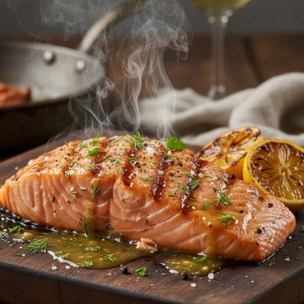 A freshly grilled piece of salmon garnished with herbs, lemon slices, and a drizzle of sauce, served on a wooden platter with steam rising from it.