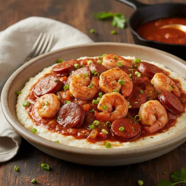 Shrimp and sausage served over creamy grits, topped with green onions and a flavorful tomato-based sauce.