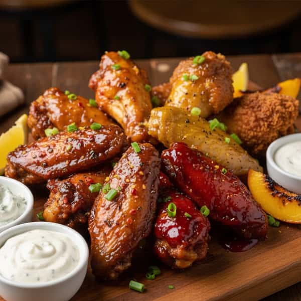 A platter of assorted chicken wings with a variety of sauces, garnished with green onions, served with dipping sauces on the side.
