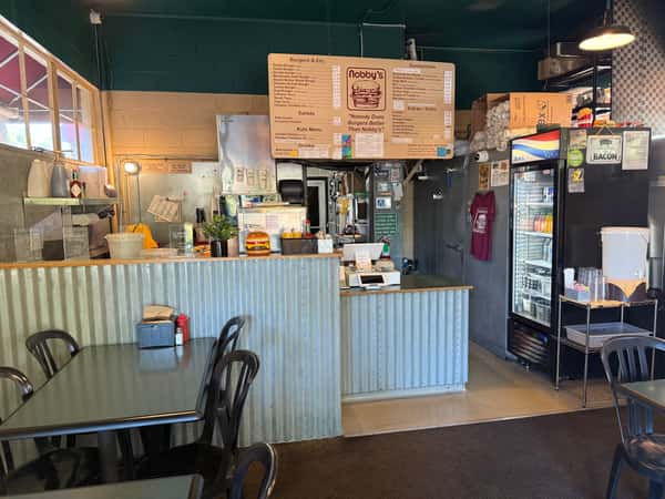 counter and menu area inside Nobby's, a well-known burger spot in Chico, California.