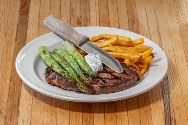 steak fries and asparagus