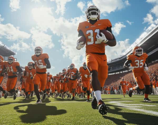 college football team making a stadium entrance