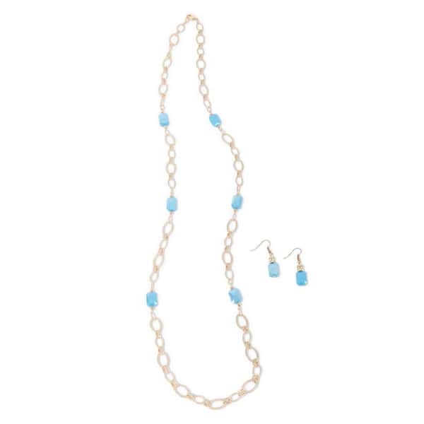 Matte Gold & Aqua Crystal Chain Necklace with matching Earrings