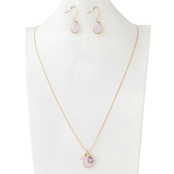 Triple Pink Faceted Crystal Pendant on a gold chain with matching earrings