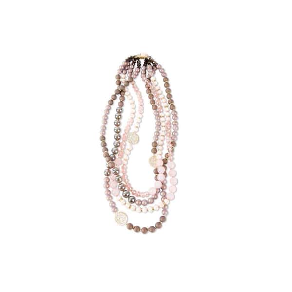 Hues of Pink, Plum & Taupe Crystal Beads adorn this Four Strand Necklace