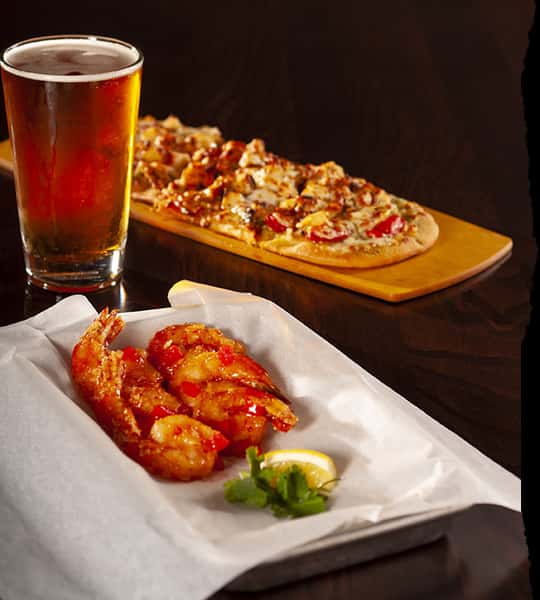 Shrimp, Flatbread and beer