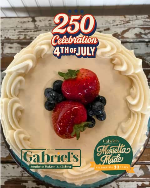 Red, White & Blue Cake with 250th celebration 4th of July & Gabriel's Southern Kitchen & Bakery logo