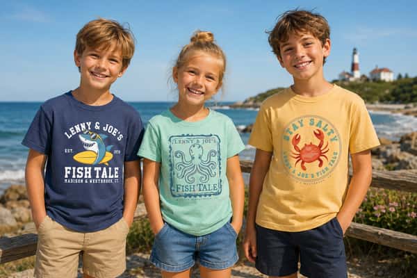 3 children in Fish Tale T-shirts