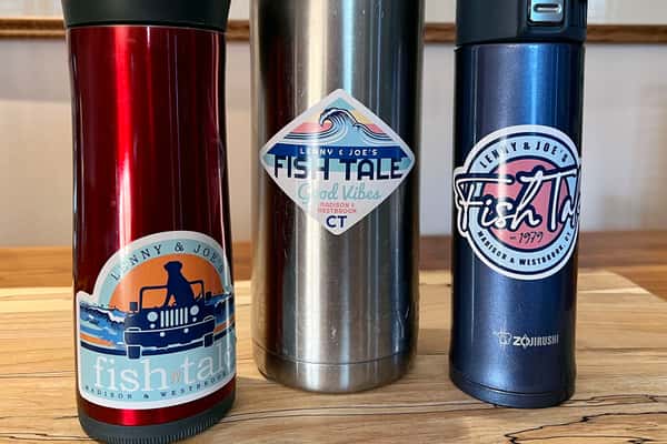 Fish Tale Stickers on Water Bottles and Coffee Mugs