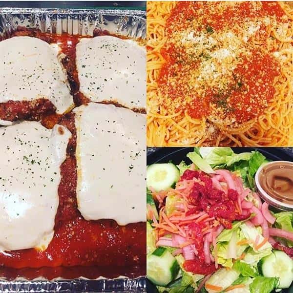salad, spaghetti and chicken parm