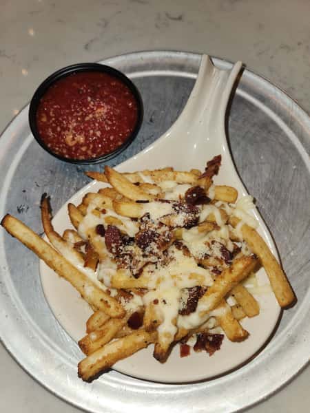 Loaded Fries Cheese Sauce, bacon, parm with marinara