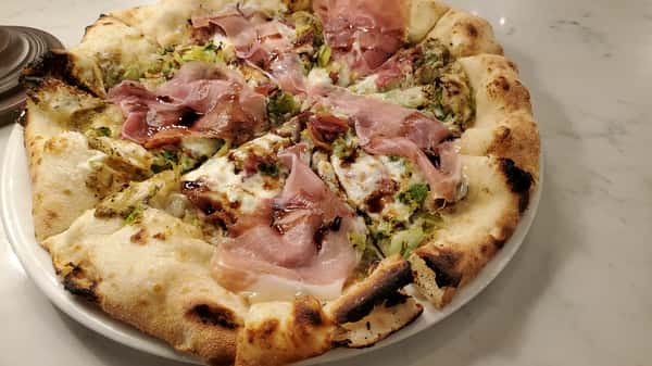 B.B.P. (Brussels Sprouts, Prosciutto, Bacon) Garlic Oil base with Mozzarella and Parm