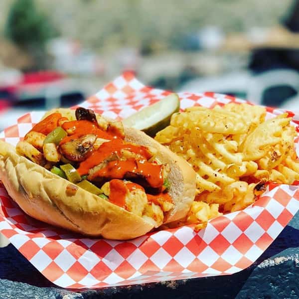 Sandwich and waffle fries