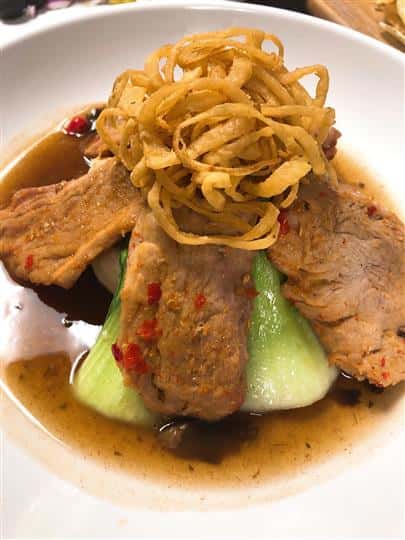 beef topped with onion straws