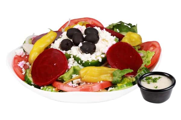 fresh romaine & iceberg lettuce, tomatoes, cucumbers, feta cheese, olives, beets, carrots, onions parsley & pepperoncini topped with Greek dressing