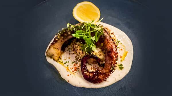 Grilled octopus with creamy sauce, grain pilaf, fresh herbs, and a lemon wedge on a dark plate.