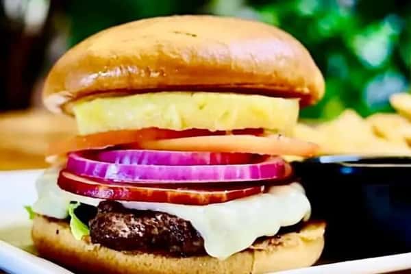 Hawaiian burger, with sweet pineapple and tangy teriyaki sauce