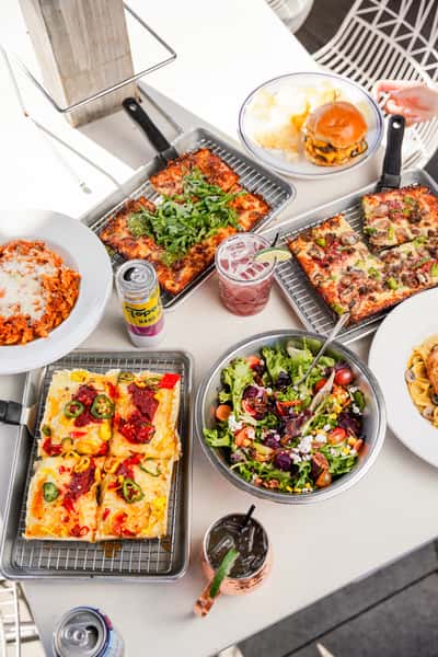 pizza, salad platter