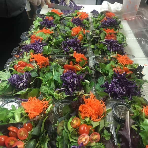 Rows of containers filled with lettuce, tomato, and shredded carrot salads