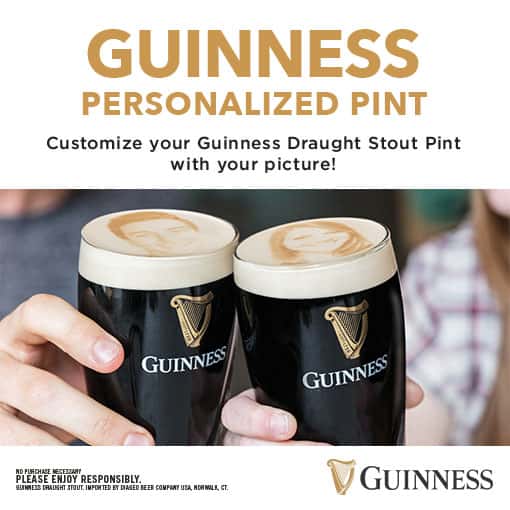 Guinness personalized pint promotion featuring two pints of Guinness Draught Stout with custom photo foam designs.