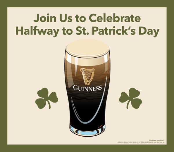 Guinness Draught Stout pint with shamrocks celebrating Halfway to St. Patrick’s Day.