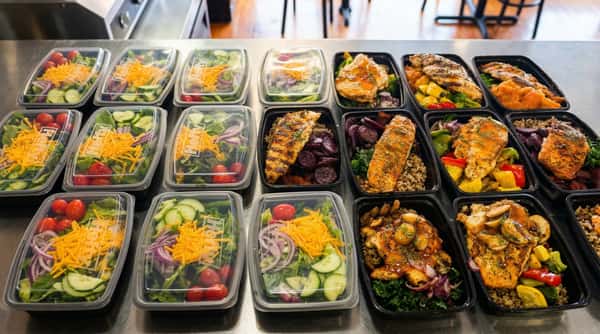 Weekly meal prep with fresh garden salads, grilled chicken, roasted vegetables, and grains packed in containers for healthy prepared meal service.