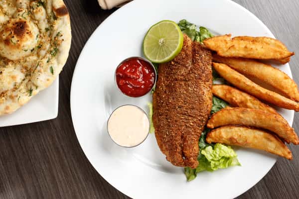 Southall Fish and Chips (side saag paneer, Salad)