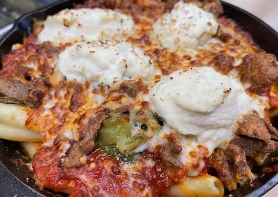Smashed Meatball Baked Ziti