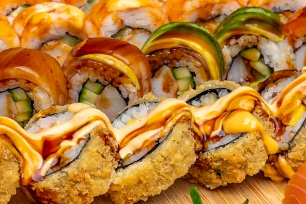 Close up of sushi with dressing