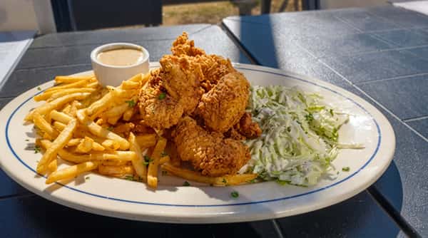 Fried chicken tenders with french fries, coleslaw, and a small cup of dipping sauce on a white oval plate.