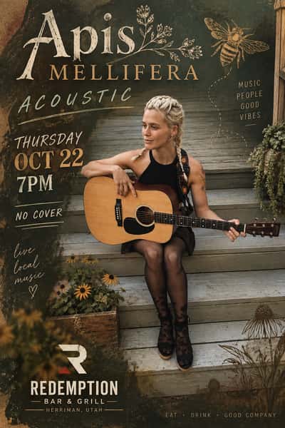 Apis Mellifera with acoustic guitar, promoting a live acoustic performance in the Tiki Bar at Redemption Bar & Grill in Herriman, Utah, October 2 at 7 PM.