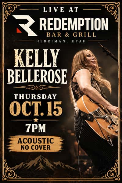 Kelly Bellerose performing with guitar, promoting her live acoustic show in the Tiki Bar at Redemption Bar & Grill in Herriman, Utah, October 15 at 7 PM.