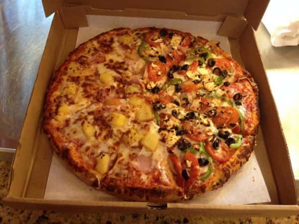 Half Hawaiian and Black olive pizza
